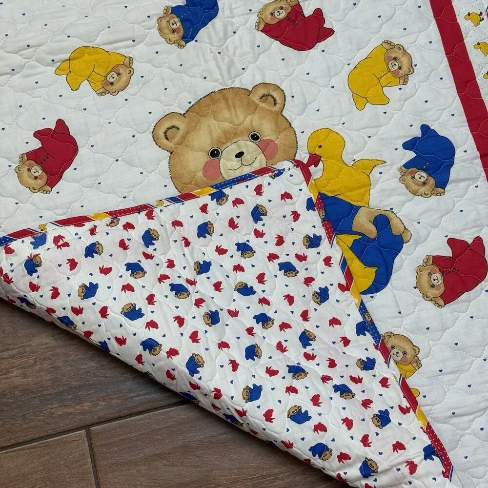 Vintage BABY Quilt Teddy Bears Ducks Striped Trim Blanklet Handmade Reversible